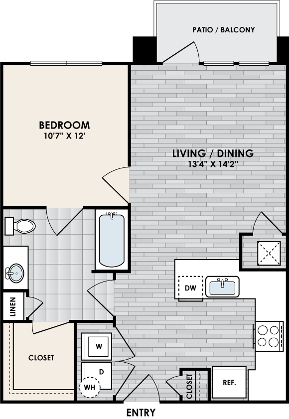A1A floor plan – 1 bed, 1 bath, 684 square feet