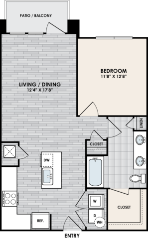 A1E floor plan – 1 bed, 1 bath, 756 square feet