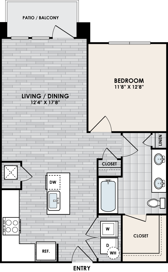 A1E floor plan – 1 bed, 1 bath, 756 square feet