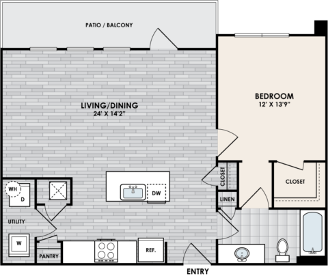 A1J floor plan – 1 bed, 1 bath, 844 square feet