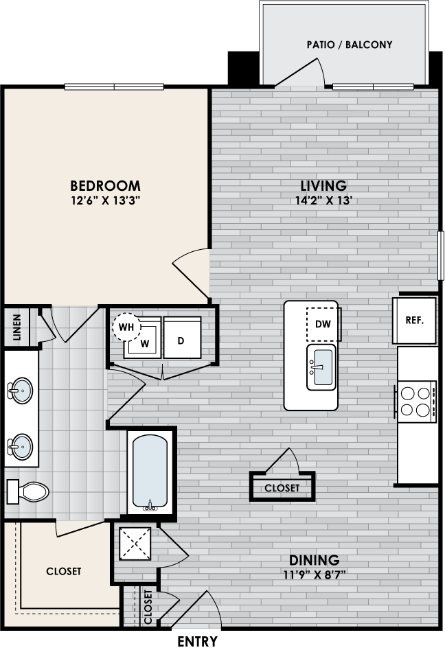 A1N floor plan – 1 bed, 1 bath, 896 square feet
