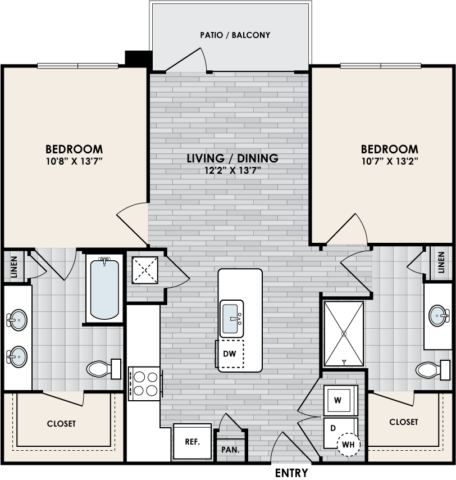 Entry opens into the long kitchen with a pantry on the left and laundry room with washer and dryer on the right. Up from the kitchen is the 12 foot by 15 foot 11 inch living and dining room with access to the rectangular patio. Left of the living area is bedroom 1 at 12 foot by 13 foot 8 inches with many windows. Private bathroom access leads from the room and has a small linen closet, dual vanity sink, full sized shower tub combo and rectangular walk-in closet. Right from the living room is bedroom 2 measuring 12 foot by 12 foot 5 inch with double windows and walk-in closet. Out from the bedroom leads to the public access bathroom with a small linen closet, full size shower tub combo, and single sink vanity. Small hall closet is right outside from the bathroom.