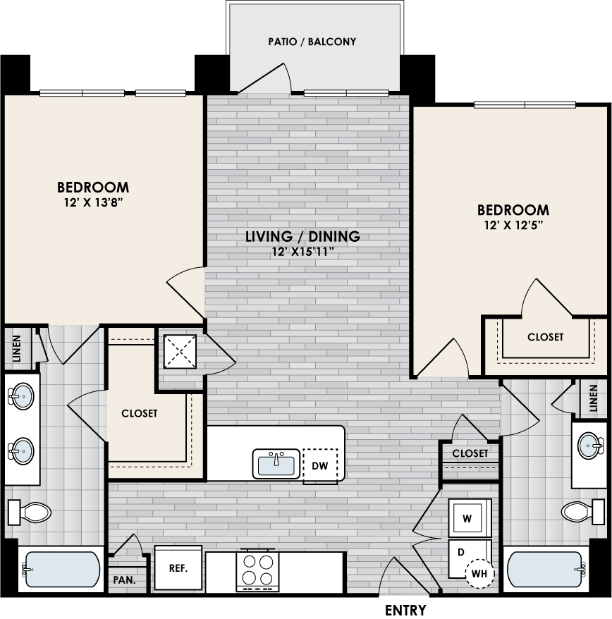 B2C floor plan – 2 bed, 2 bath, 1050 square feet