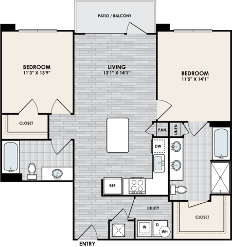 B2D floor plan – 2 bed, 2 bath, 1052 square feet