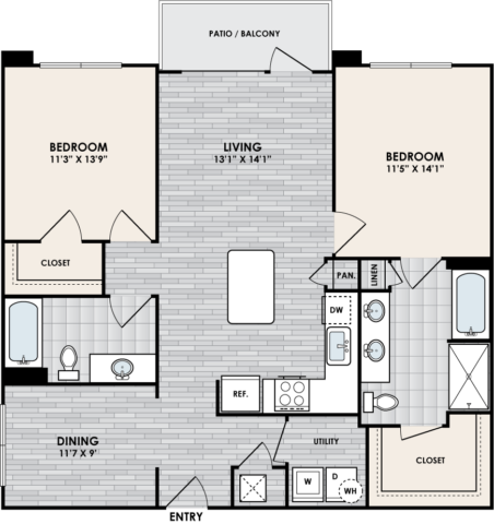 B2J floor plan – 2 bed, 2 bath, 1153 square feet