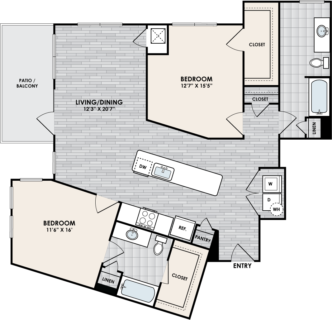 B2O floor plan – 2 bed, 2 bath, 1260 square feet