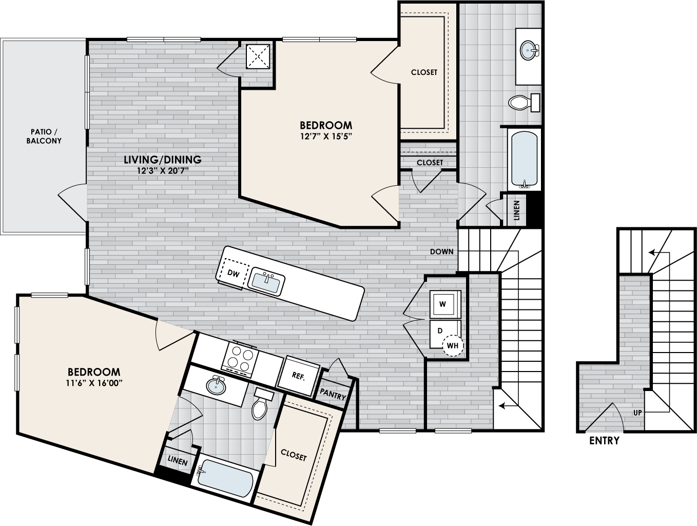 B2R floor plan – 2 bed, 2 bath, 1378 square feet